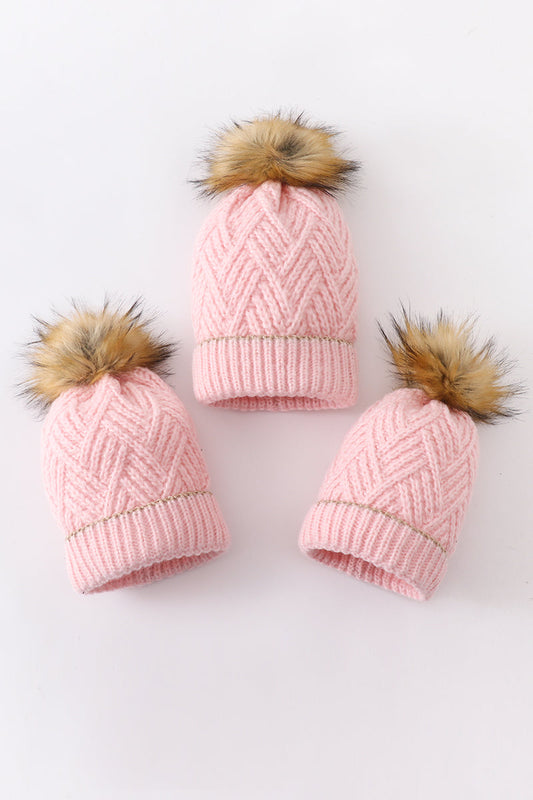 Pink Cross Knit Pom Pom Beanie