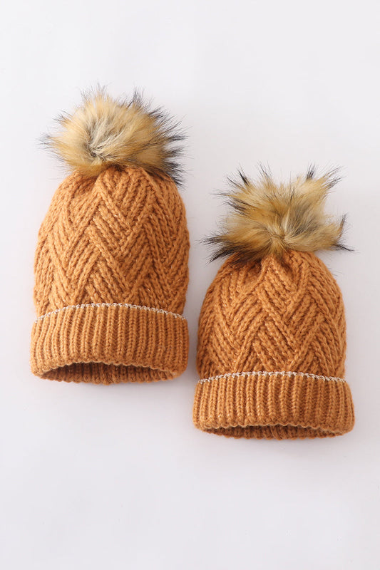 Camel Cross Knit Pom Pom Beanie