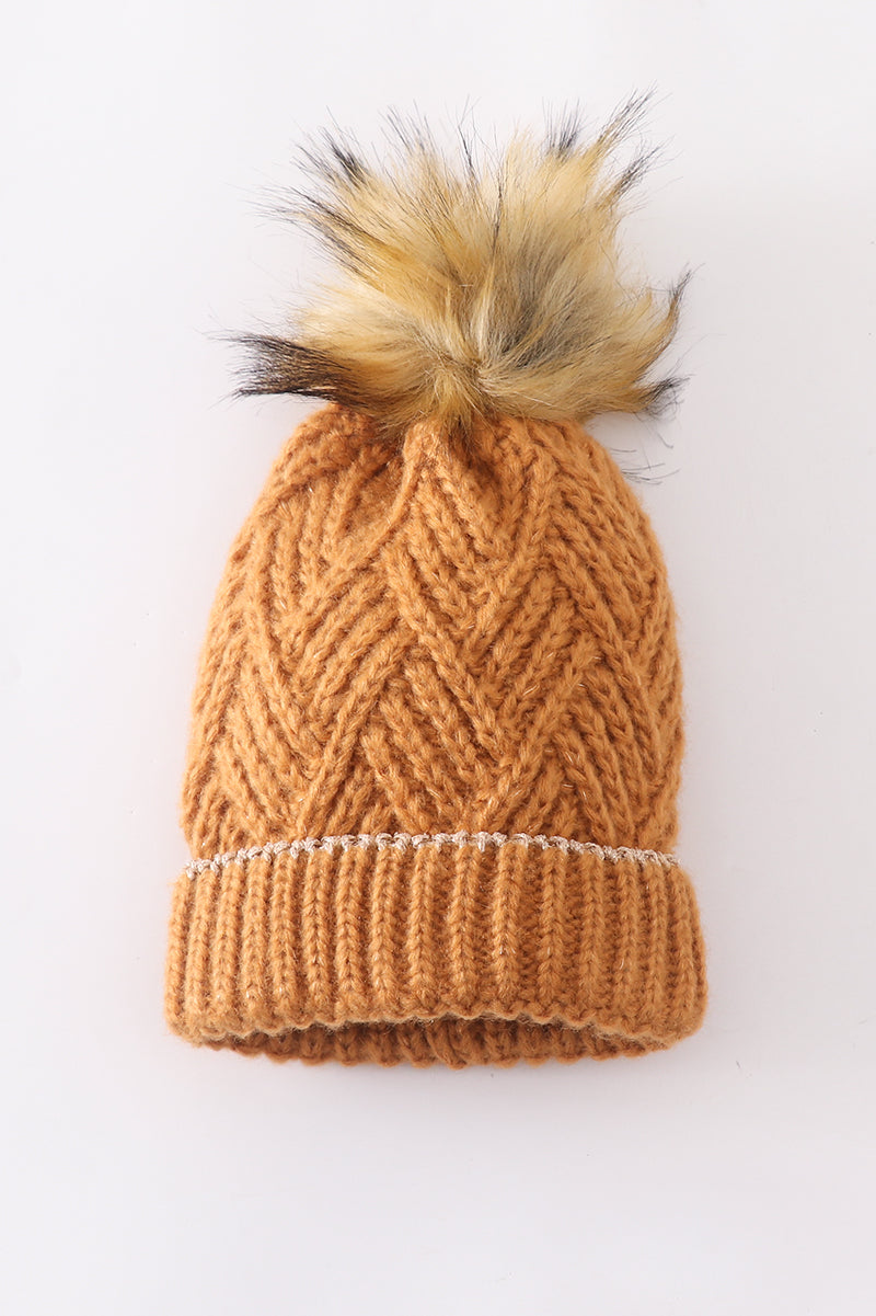 Camel Cross Knit Pom Pom Beanie