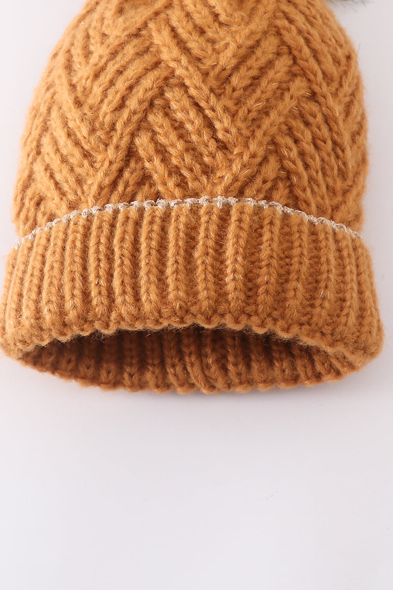 Camel Cross Knit Pom Pom Beanie