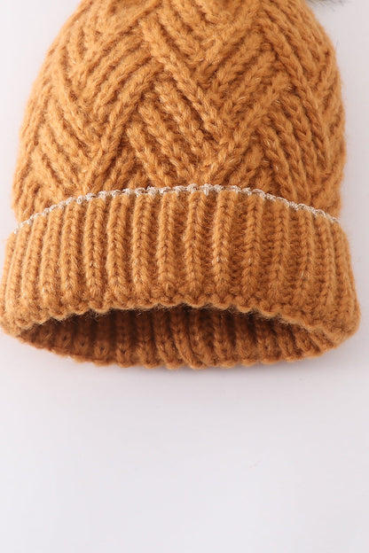 Camel Cross Knit Pom Pom Beanie