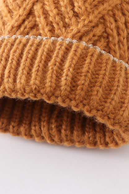 Camel Cross Knit Pom Pom Beanie