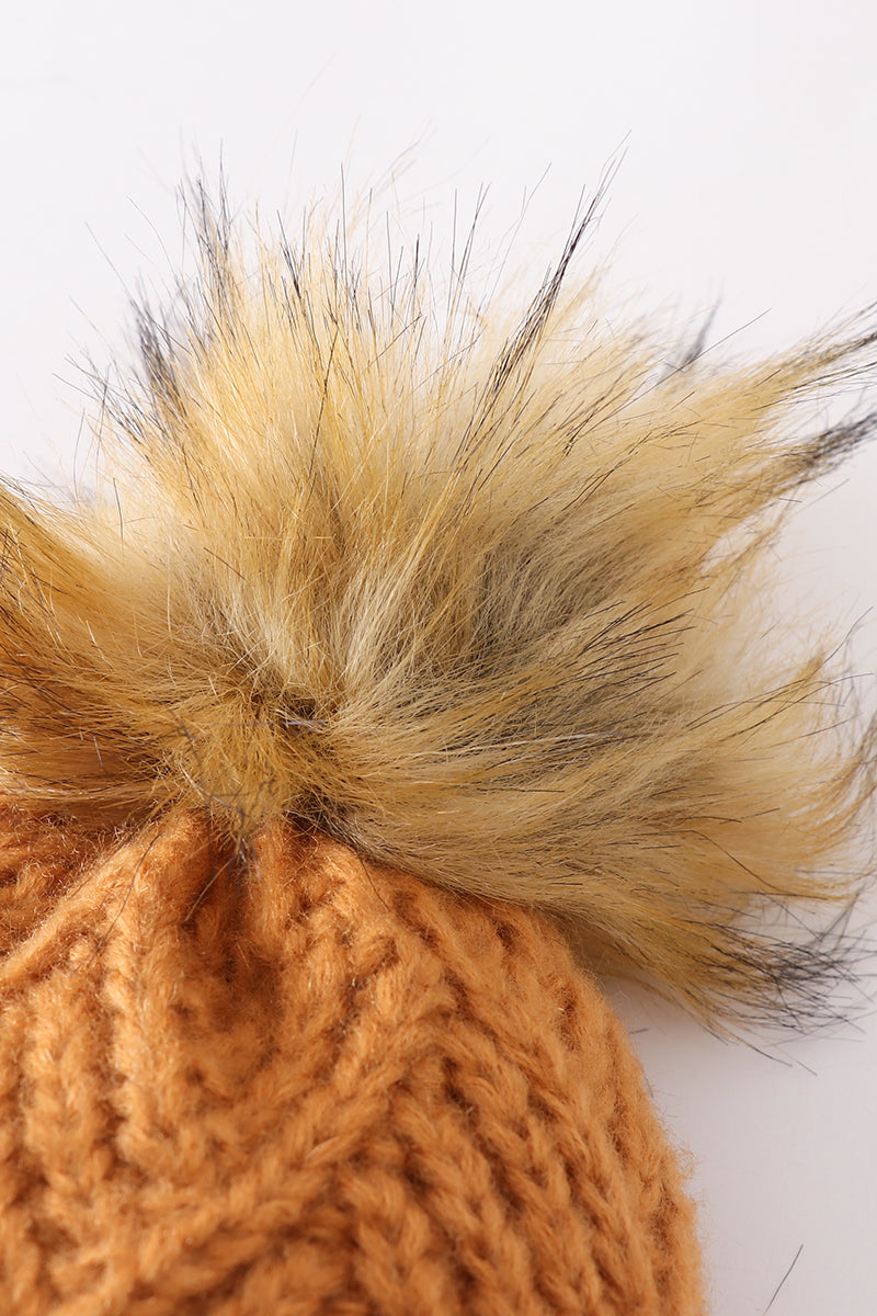 Camel Cross Knit Pom Pom Beanie