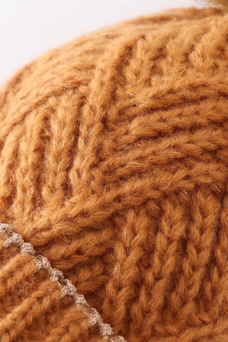 Camel Cross Knit Pom Pom Beanie