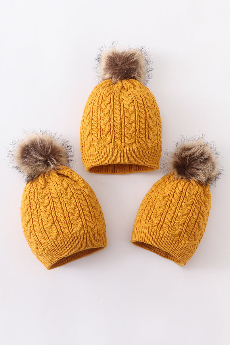 Mustard Cable Knit Pom Pom Beanie