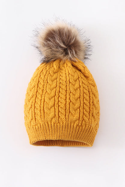 Mustard Cable Knit Pom Pom Beanie