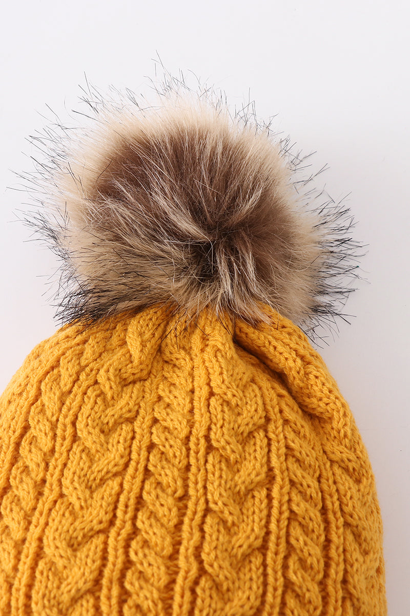 Mustard Cable Knit Pom Pom Beanie