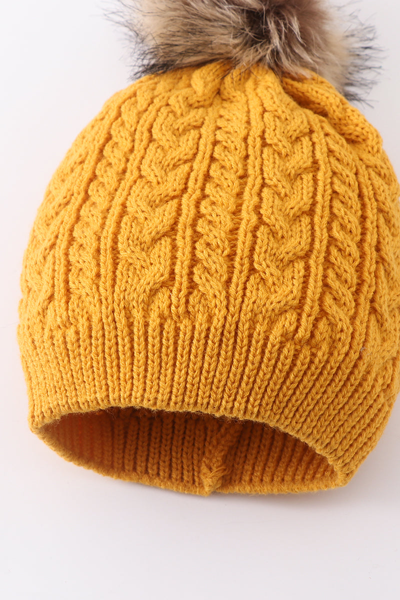 Mustard Cable Knit Pom Pom Beanie