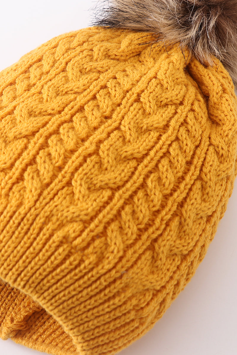 Mustard Cable Knit Pom Pom Beanie