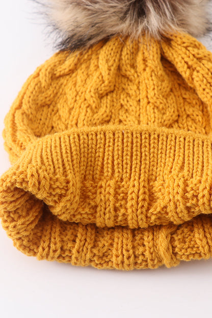 Mustard Cable Knit Pom Pom Beanie