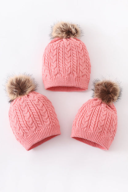 Bubblegum Pink Cable Knit Pom Pom Beanie