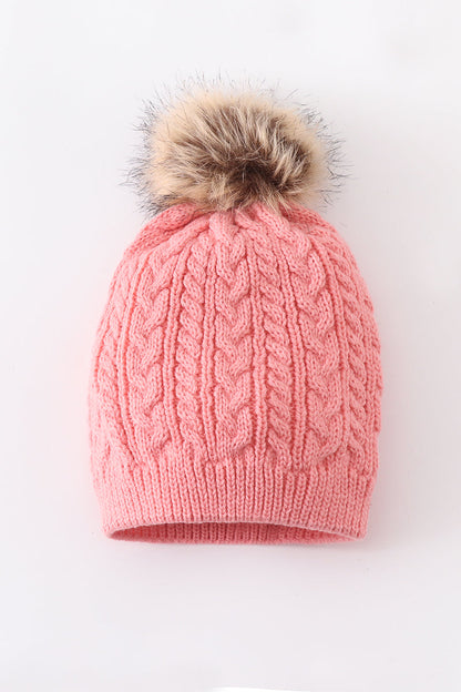 Bubblegum Pink Cable Knit Pom Pom Beanie