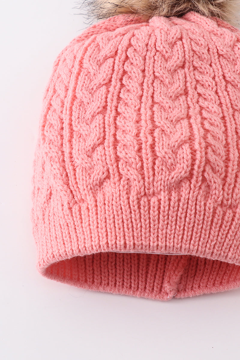 Bubblegum Pink Cable Knit Pom Pom Beanie