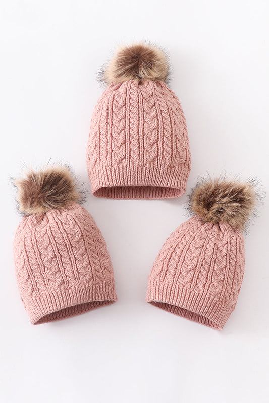 Dust Rose Cable Knit Pom Pom Beanie