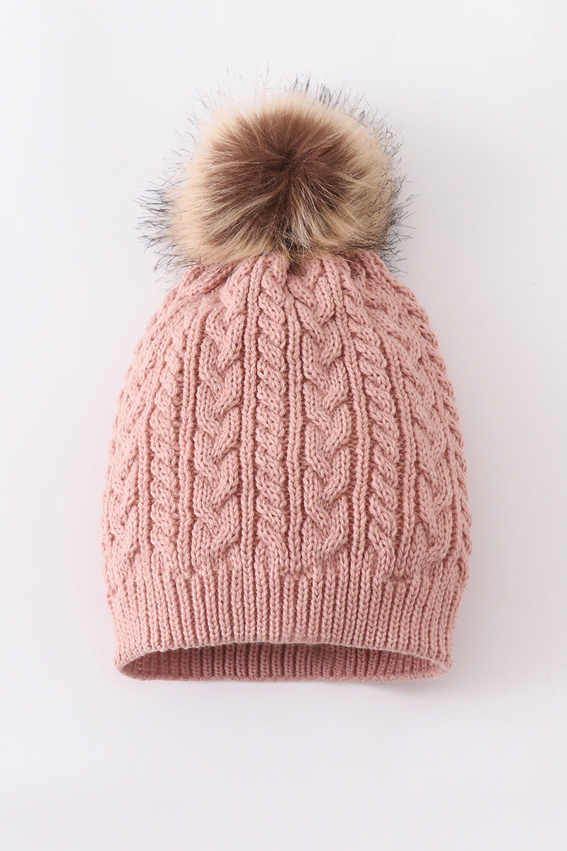 Dust Rose Cable Knit Pom Pom Beanie