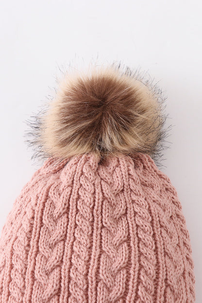 Dust Rose Cable Knit Pom Pom Beanie