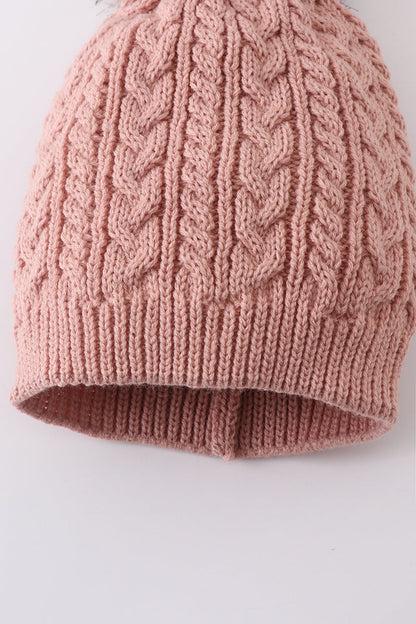 Dust Rose Cable Knit Pom Pom Beanie