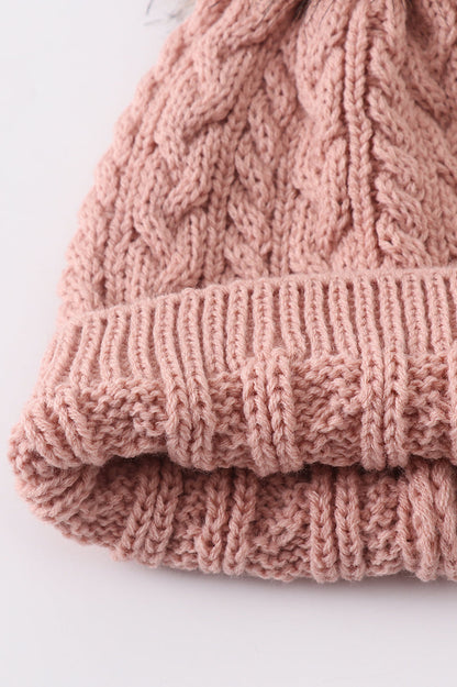 Dust Rose Cable Knit Pom Pom Beanie