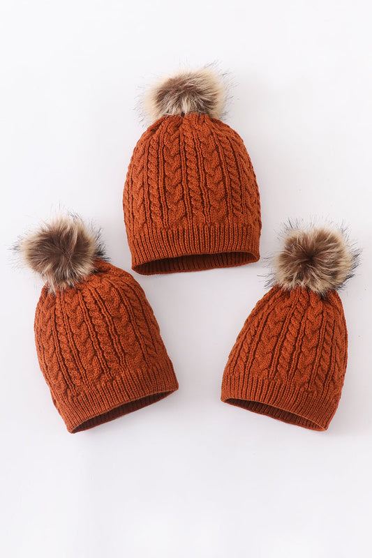 Rust Cable Knit Pom Pom Beanie