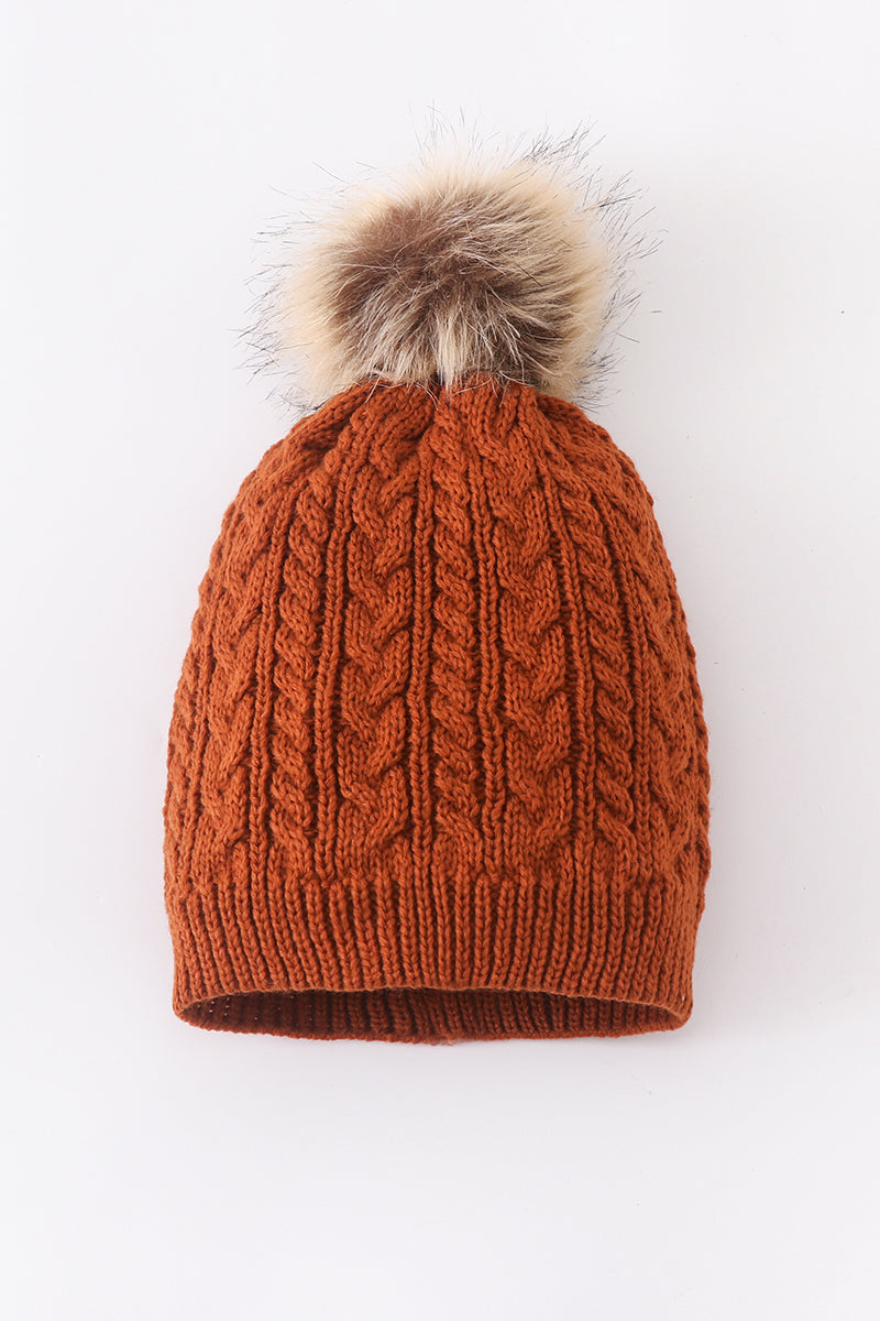 Rust Cable Knit Pom Pom Beanie