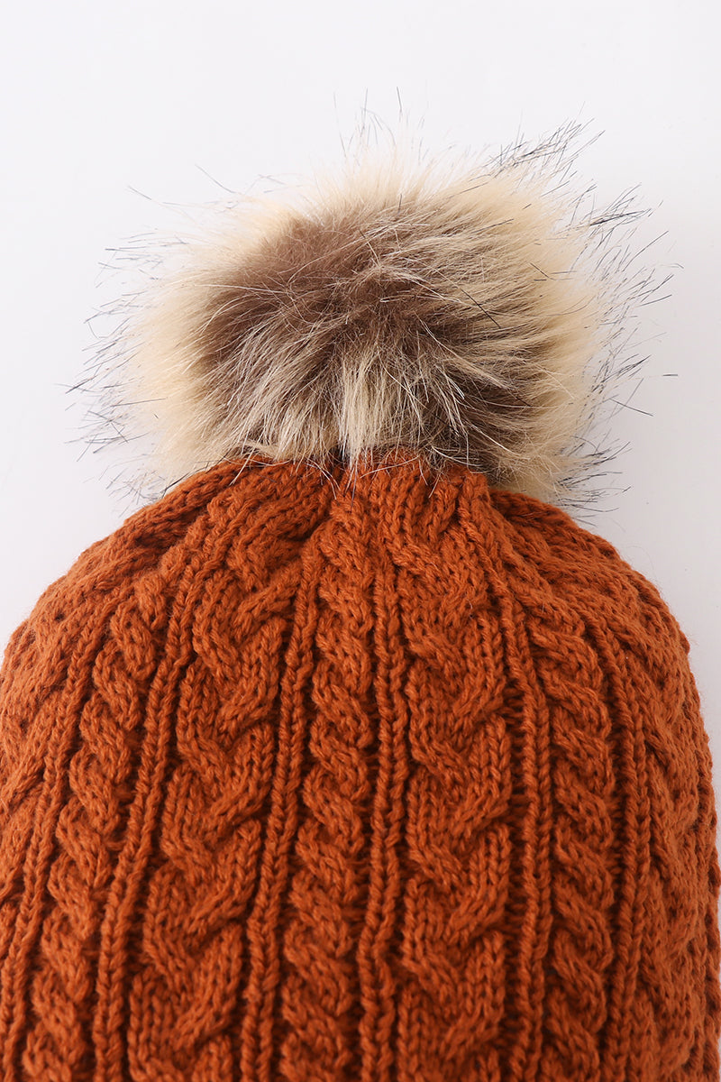 Rust Cable Knit Pom Pom Beanie