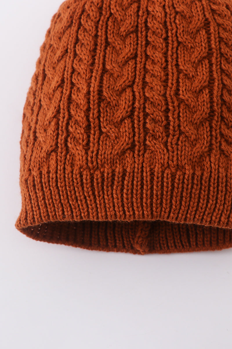 Rust Cable Knit Pom Pom Beanie