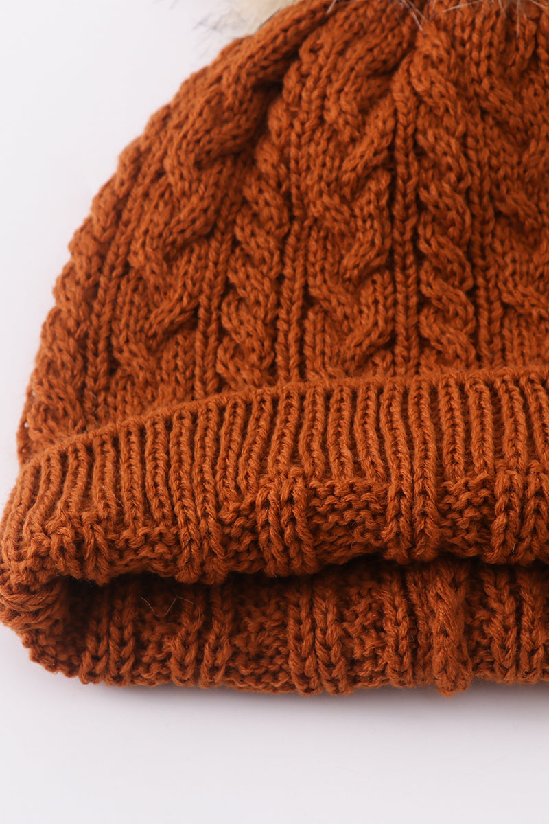 Rust Cable Knit Pom Pom Beanie