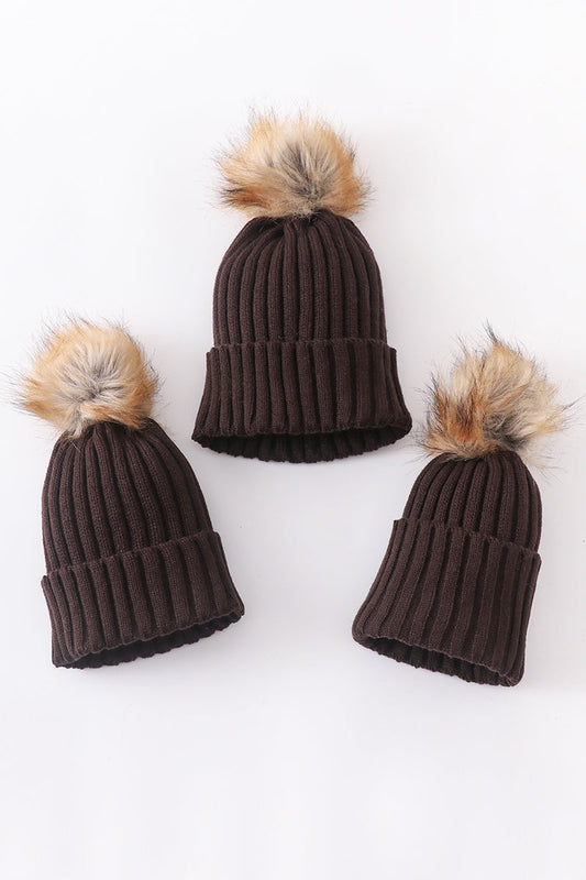 Brown Knit Pom Pom Beanie