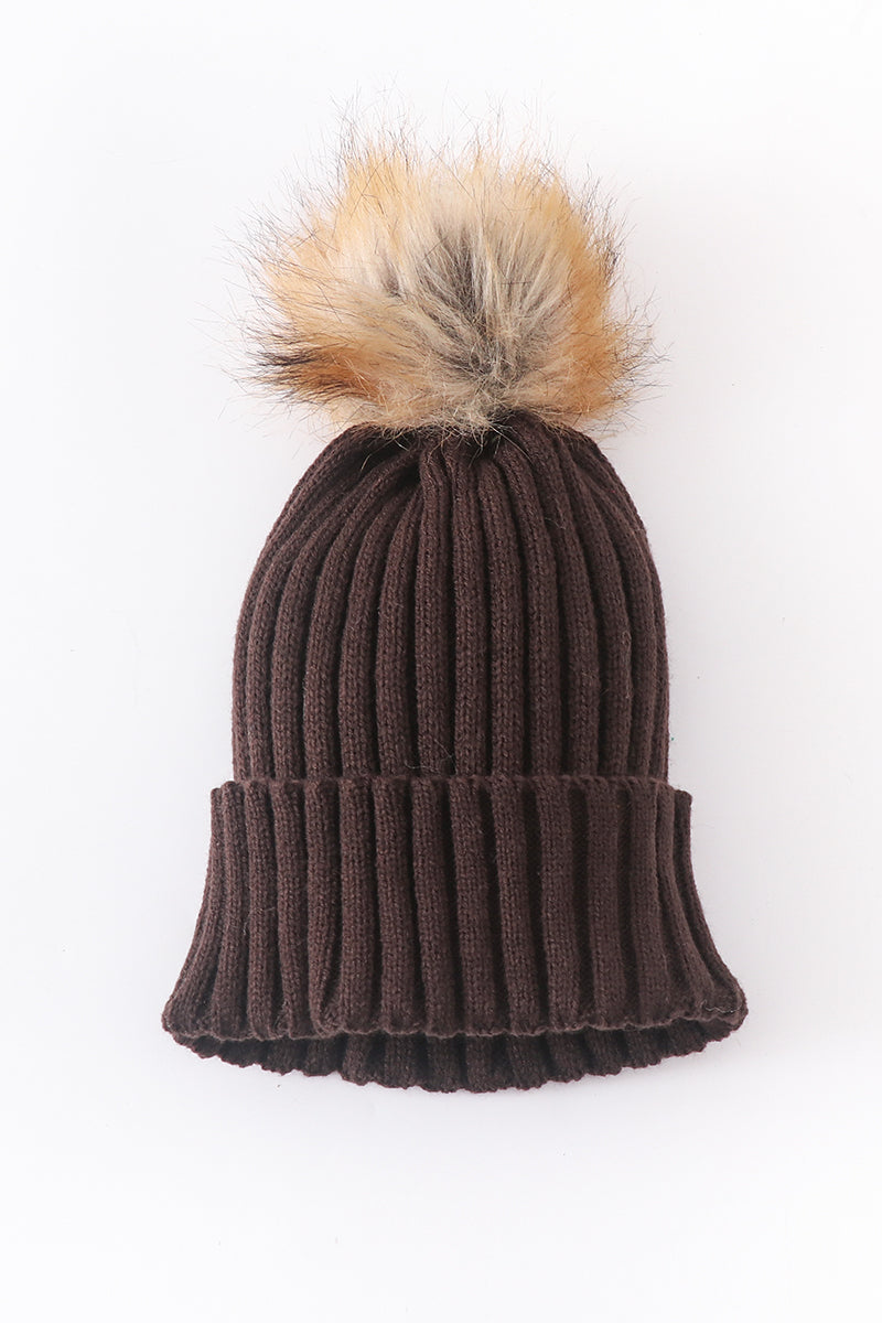 Brown Knit Pom Pom Beanie