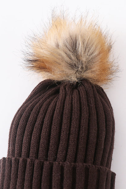 Brown Knit Pom Pom Beanie