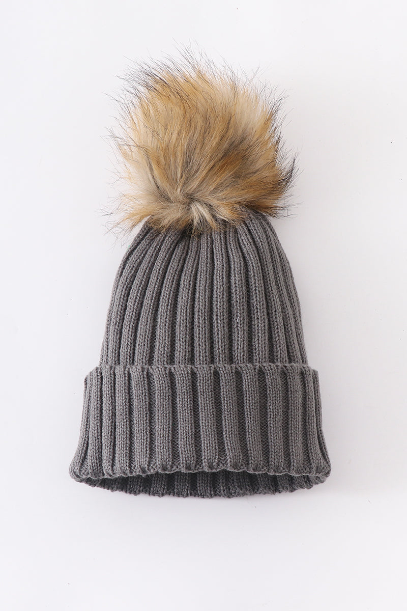 Grey Knit Pom Pom Beanie