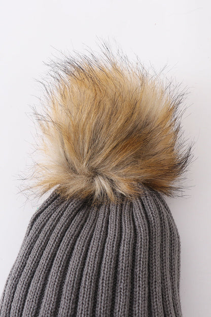 Grey Knit Pom Pom Beanie