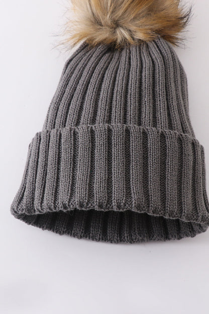 Grey Knit Pom Pom Beanie