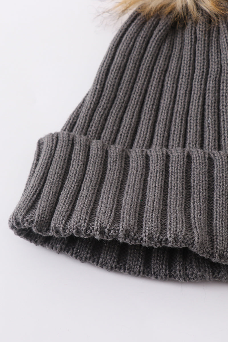 Grey Knit Pom Pom Beanie