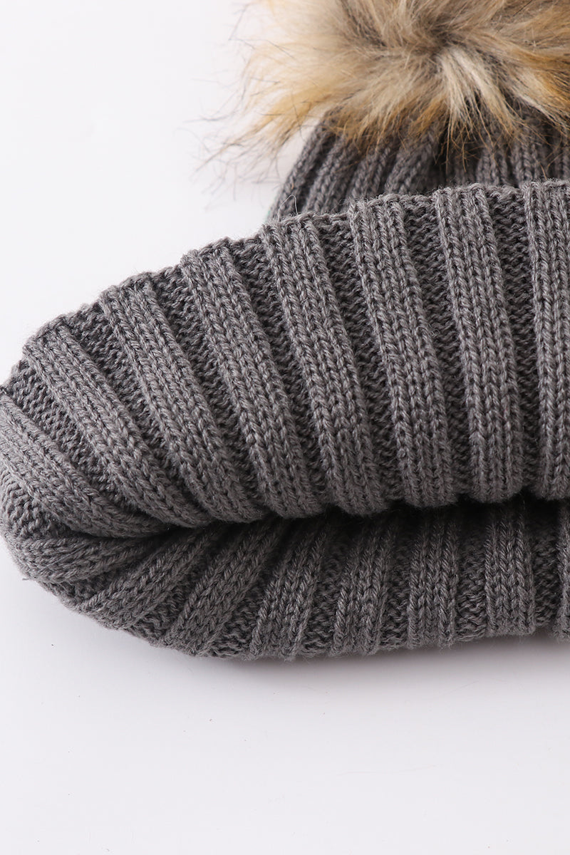 Grey Knit Pom Pom Beanie