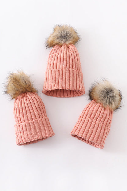 Coral Pink Knit Pom Pom Beanie