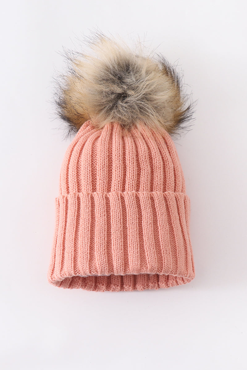 Coral Pink Knit Pom Pom Beanie