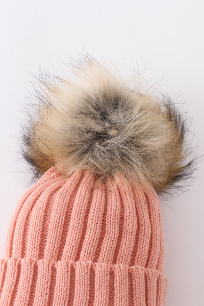 Coral Pink Knit Pom Pom Beanie