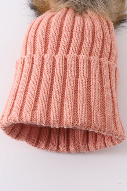 Coral Pink Knit Pom Pom Beanie