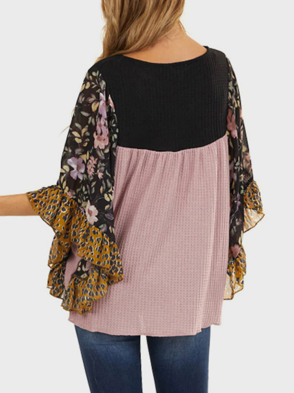 Full Size Printed Round Neck Three-Quarter Sleeve Blouse