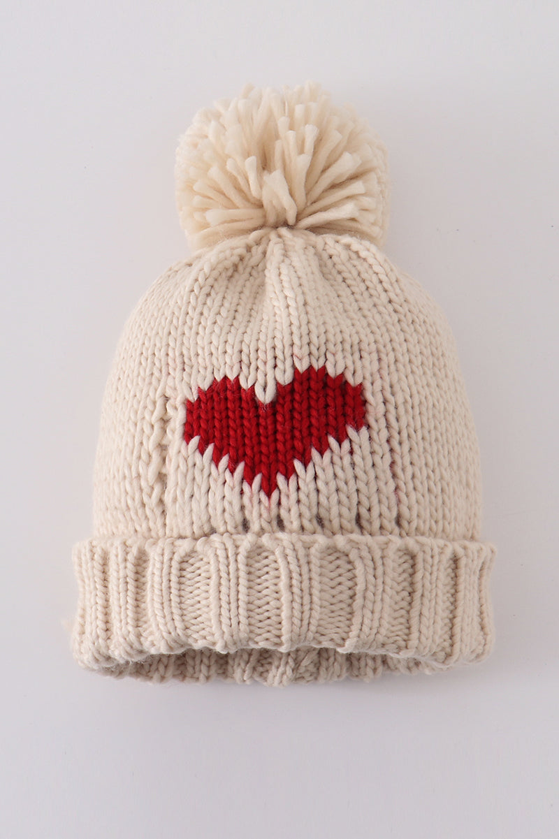 Cream Heart Knit Pom PomBeanie