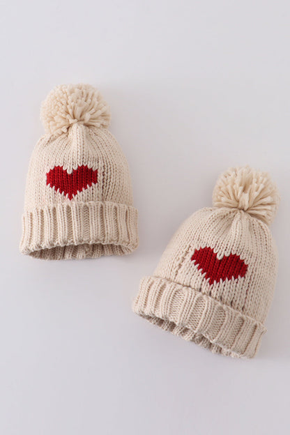 Cream Heart Knit Pom PomBeanie