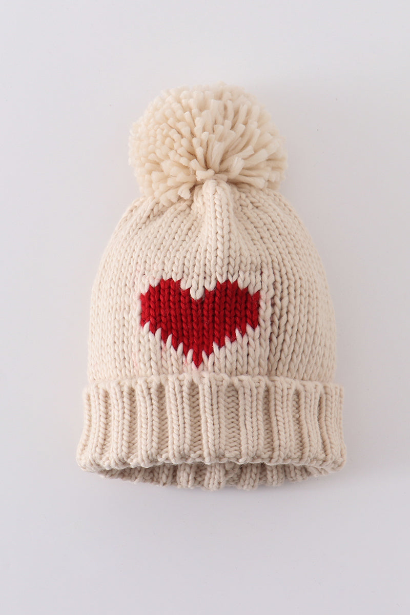 Cream Heart Knit Pom PomBeanie