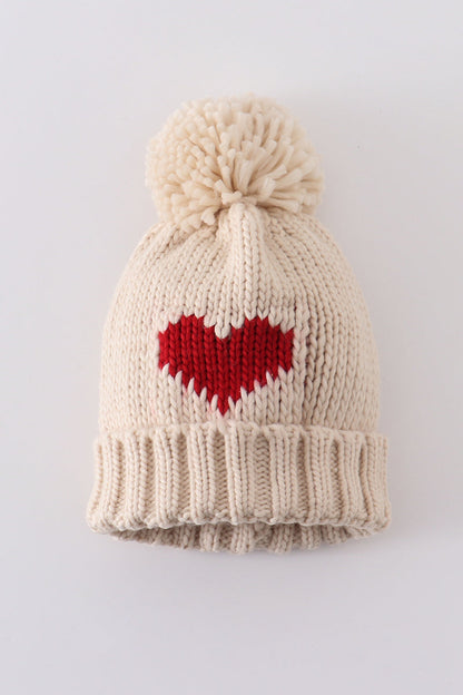 Cream Heart Knit Pom PomBeanie