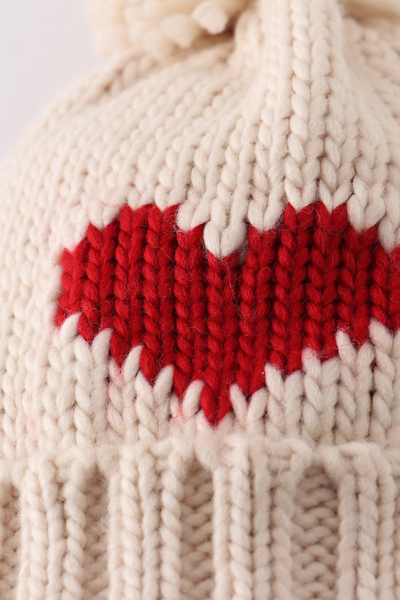 Cream Heart Knit Pom PomBeanie