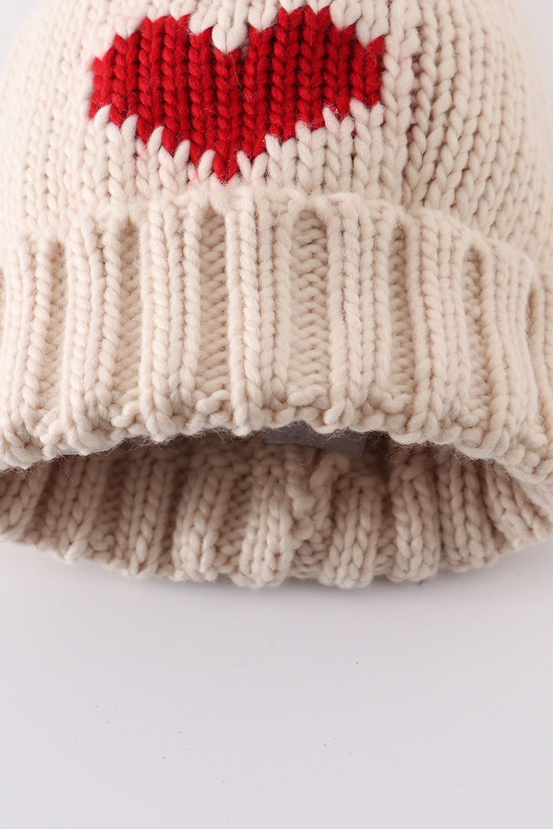 Cream Heart Knit Pom PomBeanie