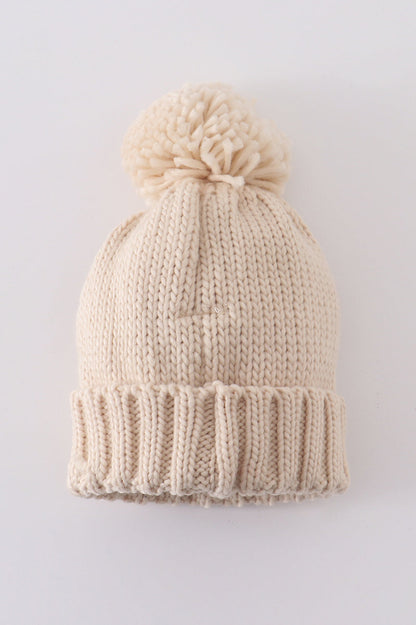 Cream Heart Knit Pom PomBeanie