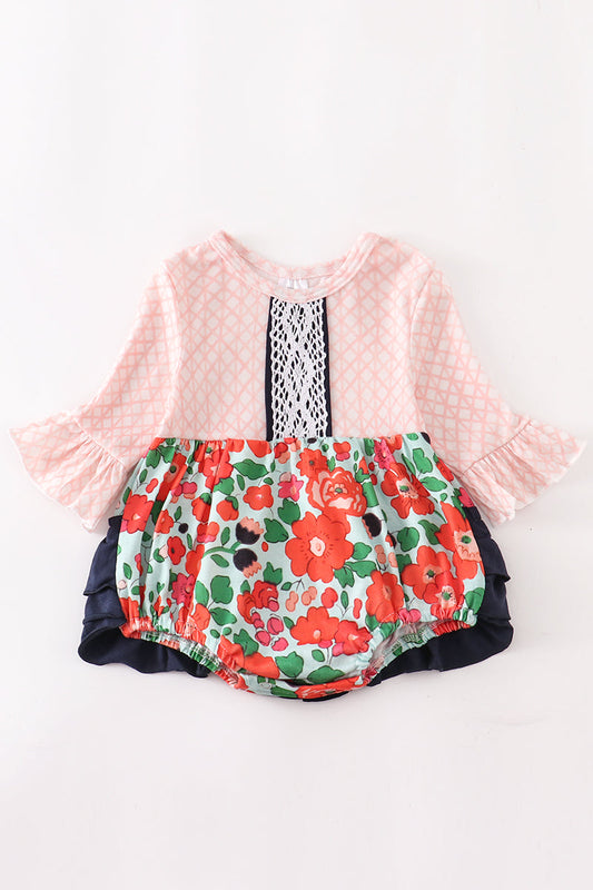 Orange Flower Print Ruffle Girl Romper