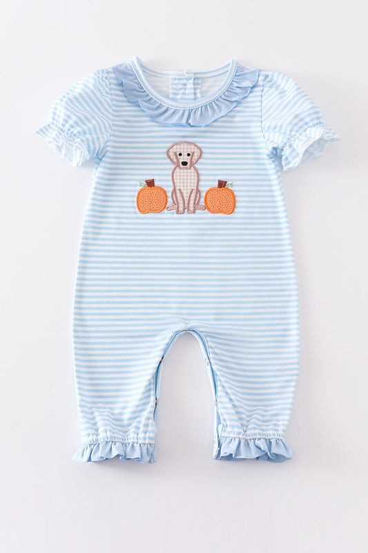 Blue Stripe Dog Pumpkin Applique Girl Romper