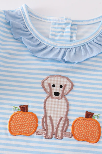 Blue Stripe Dog Pumpkin Applique Girl Romper